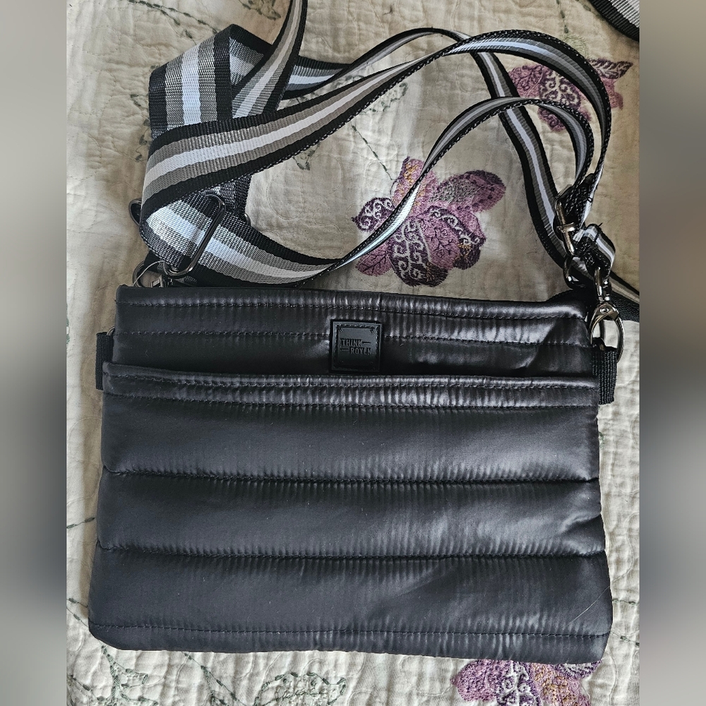 Black Nylon Crossbody Bag with Striped Straps